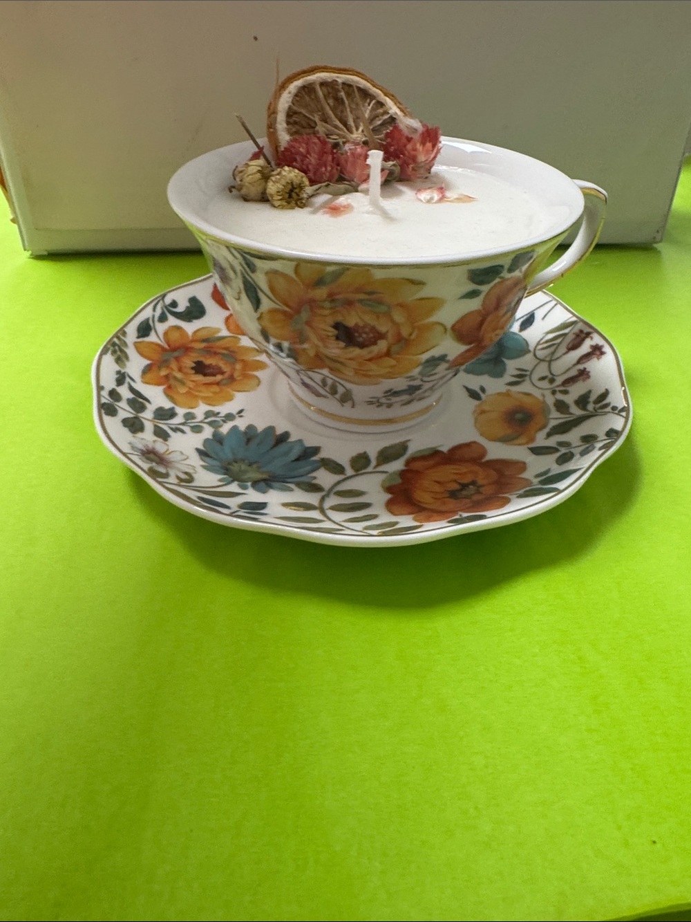 Floral Teacup and Saucer Candle - White with Yellow & Blue Floral Accents